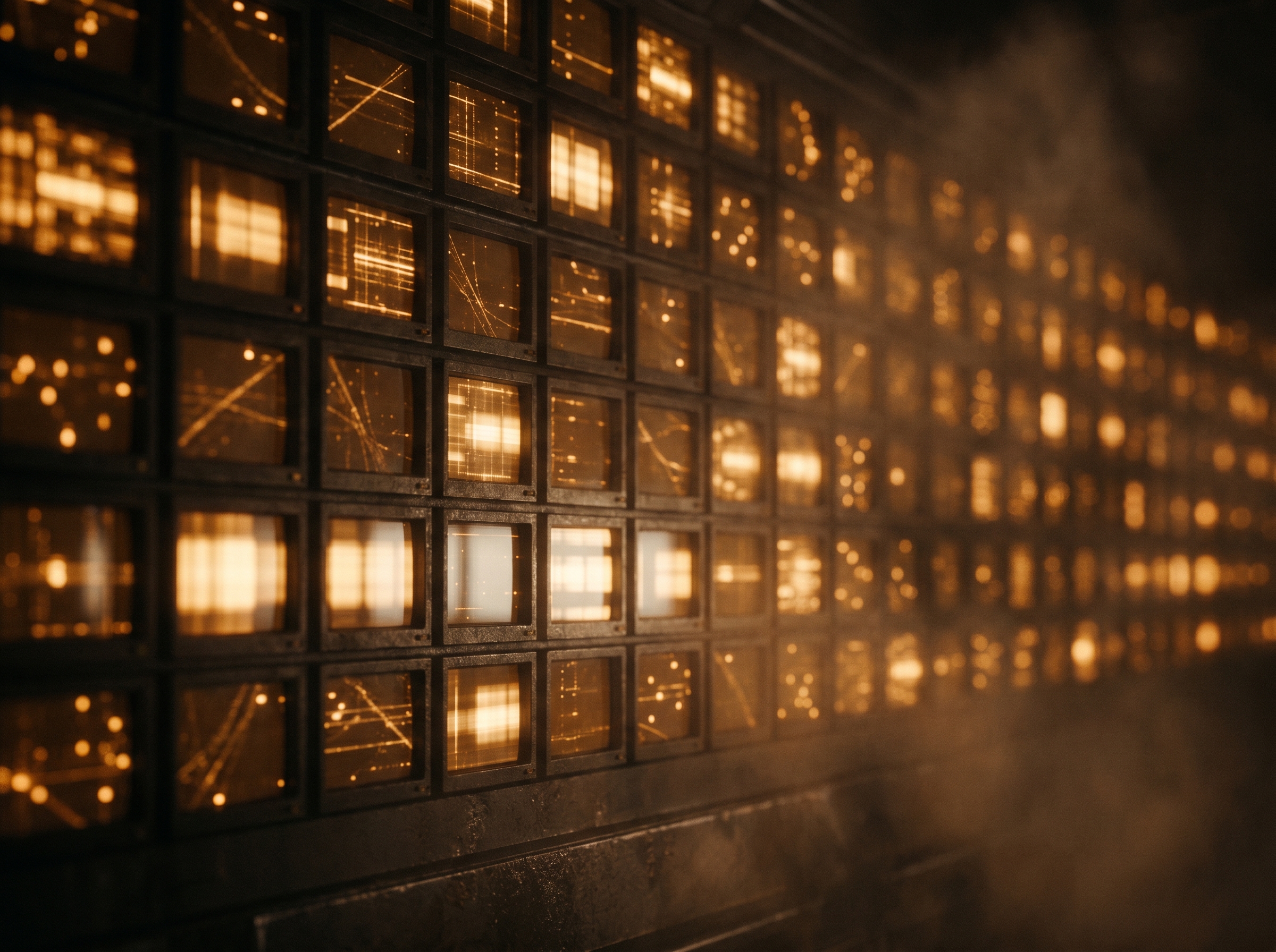 A dark wall of small amber-glowing terminal screens receding into soft focus, evoking a fleet of live coding sessions.