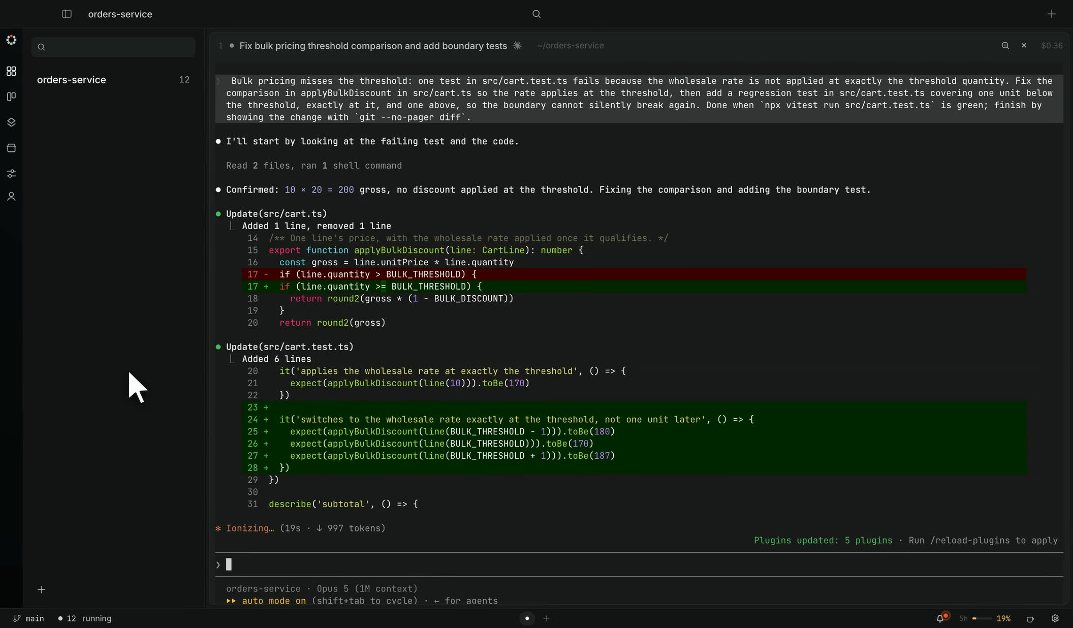 Helmsman on macOS: one Claude Code session zoomed to fill the window, holding the task it was given above a real diff that widens a bulk pricing threshold and the boundary tests added with it